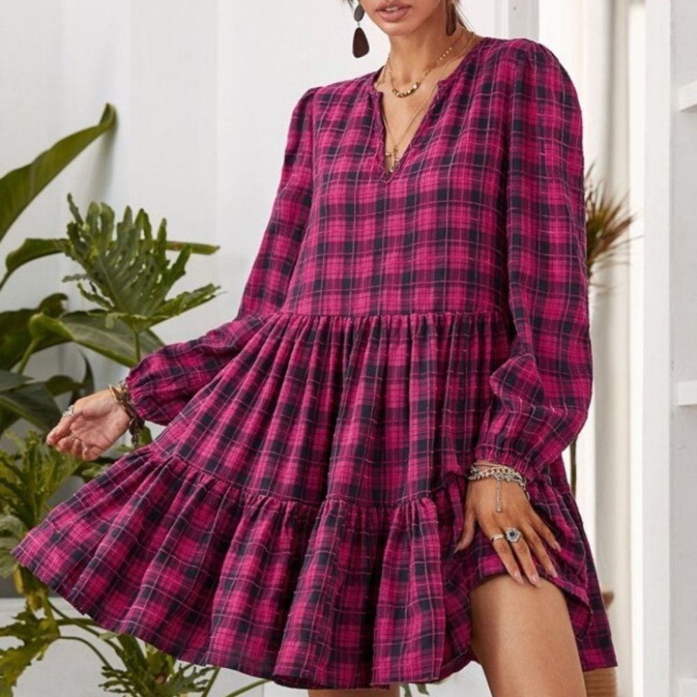 BOHO Plaid ruffle hem lantern sleeve dress plum - Picture 2 of 6